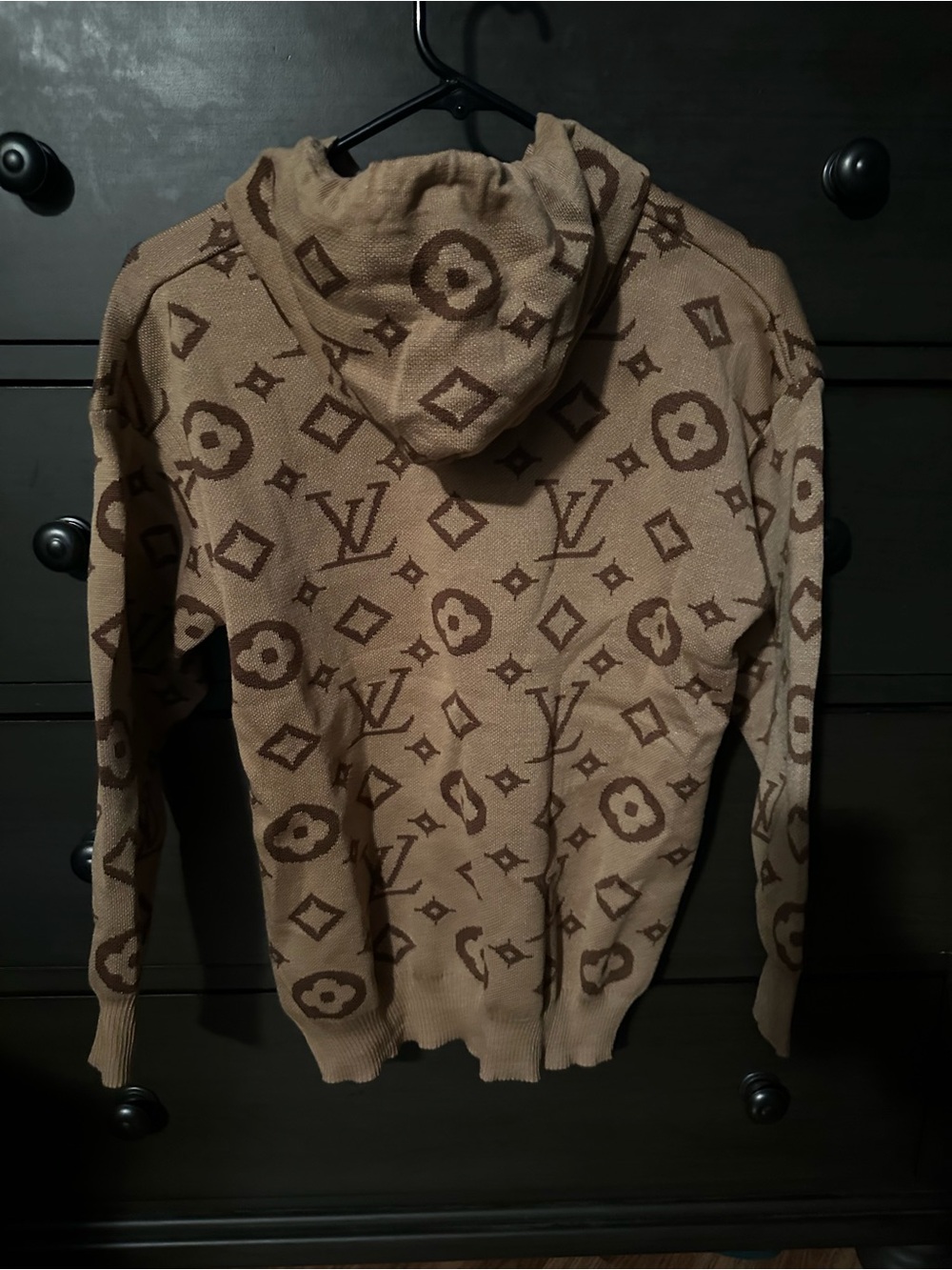 Luxury-Inspired Beige & Brown Hooded Knit Sweatshirt - Picture 3 of 3